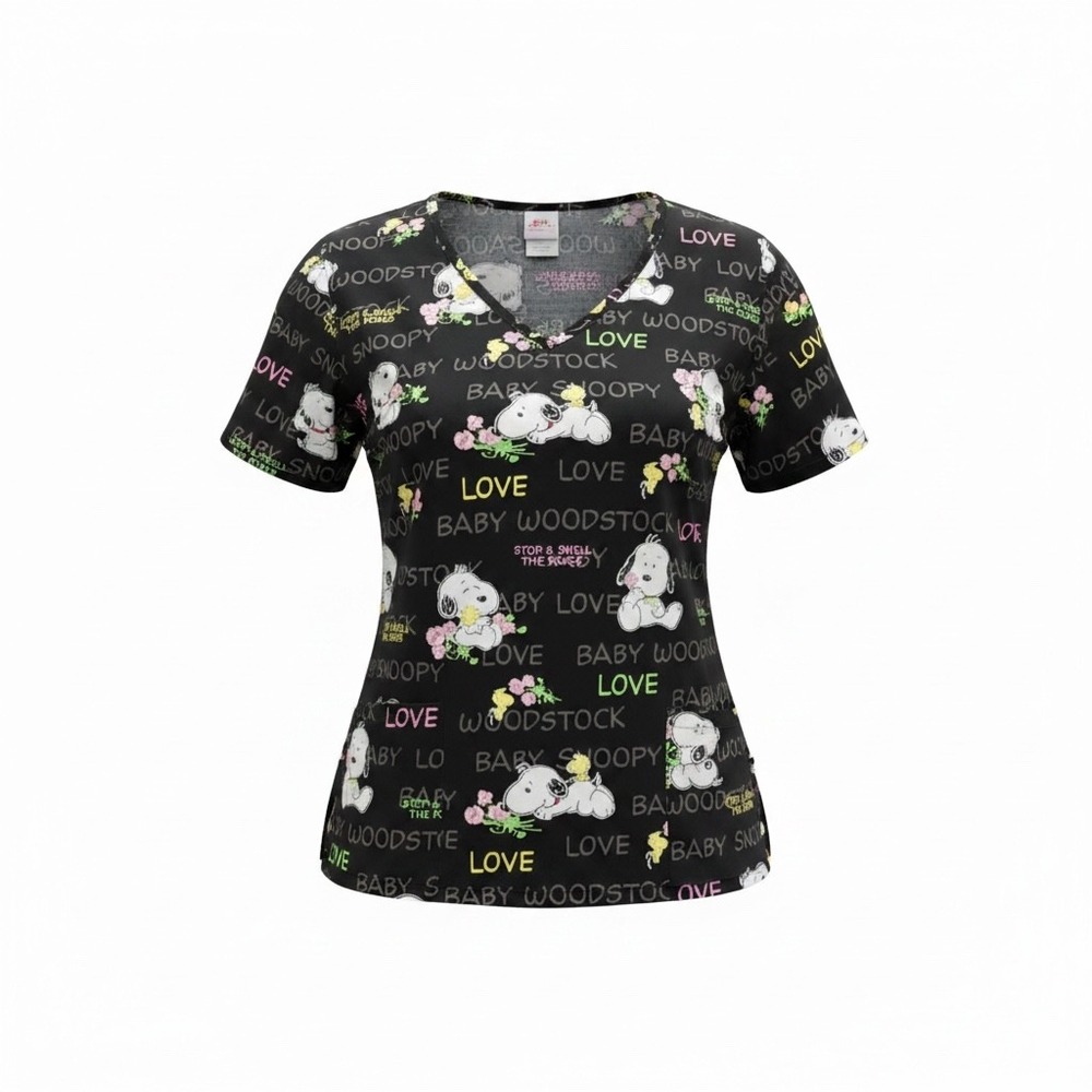 Peanuts Baby Snoopy Woodstock Scrub Top Black Cotton V-Neck Medical Uniform S